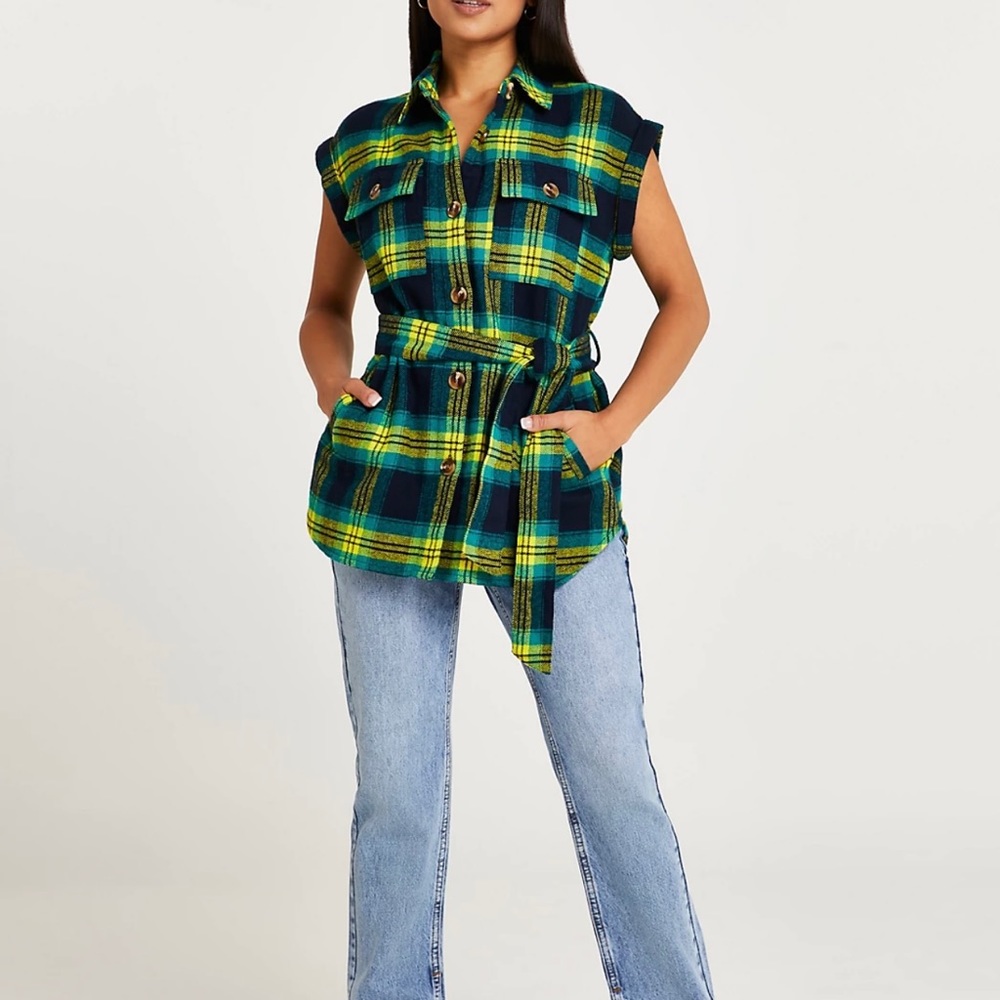 River Island Green Check/Plaid Sleeveless Shirt, Large